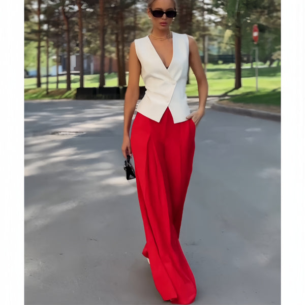 European and American  spot women's clothing 2024 new fashion personality deep V sleeveless top high waist wide leg pants two-piece set
