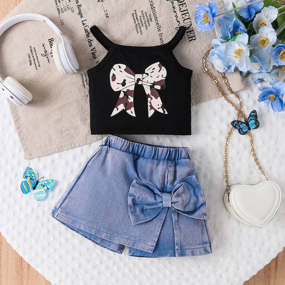 Children's clothingexport cross-border summer sweet cool girl bow printing suspender + pants skirt set