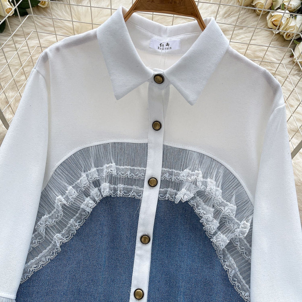 Korean ins style sense of designlacepatchworkcontrast colorlong sleeves denim shirt women's looseeasiest for match single breastedoutwear