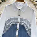 Korean ins style sense of designlacepatchworkcontrast colorlong sleeves denim shirt women's looseeasiest for match single breastedoutwear