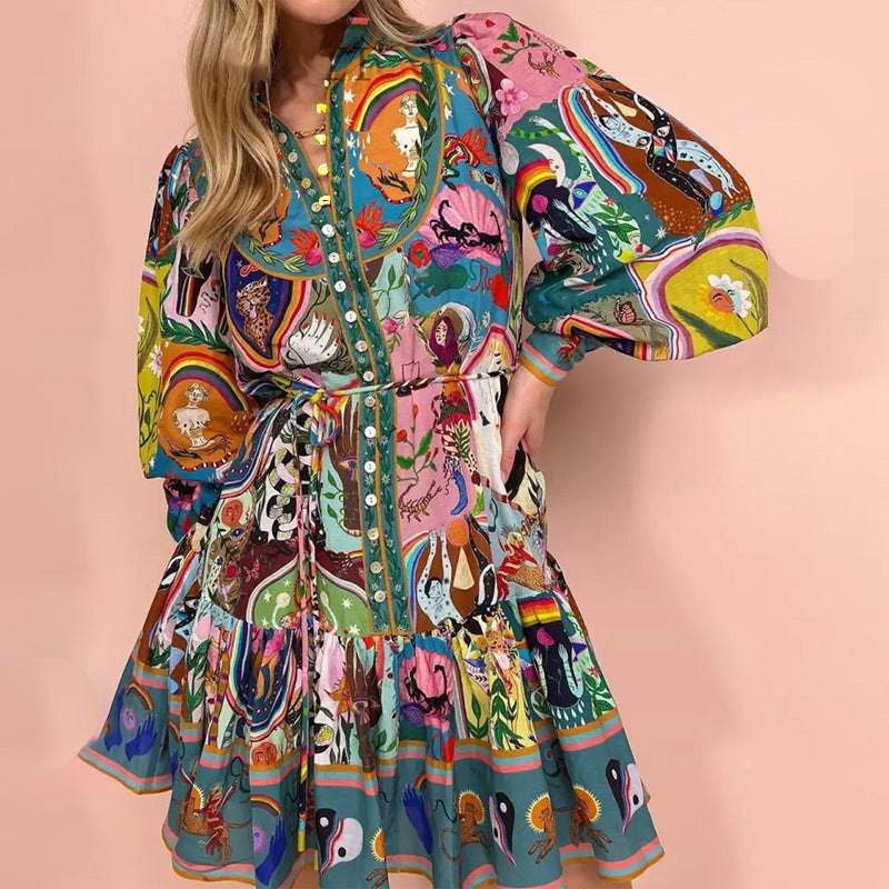 cross-border e-commerce european and american women's clothing: new summer collection - tie-waist printed turn-down collar long-sleeve pleated european and american style dress