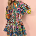 cross-border e-commerce european and american women's clothing: new summer collection - tie-waist printed turn-down collar long-sleeve pleated european and american style dress