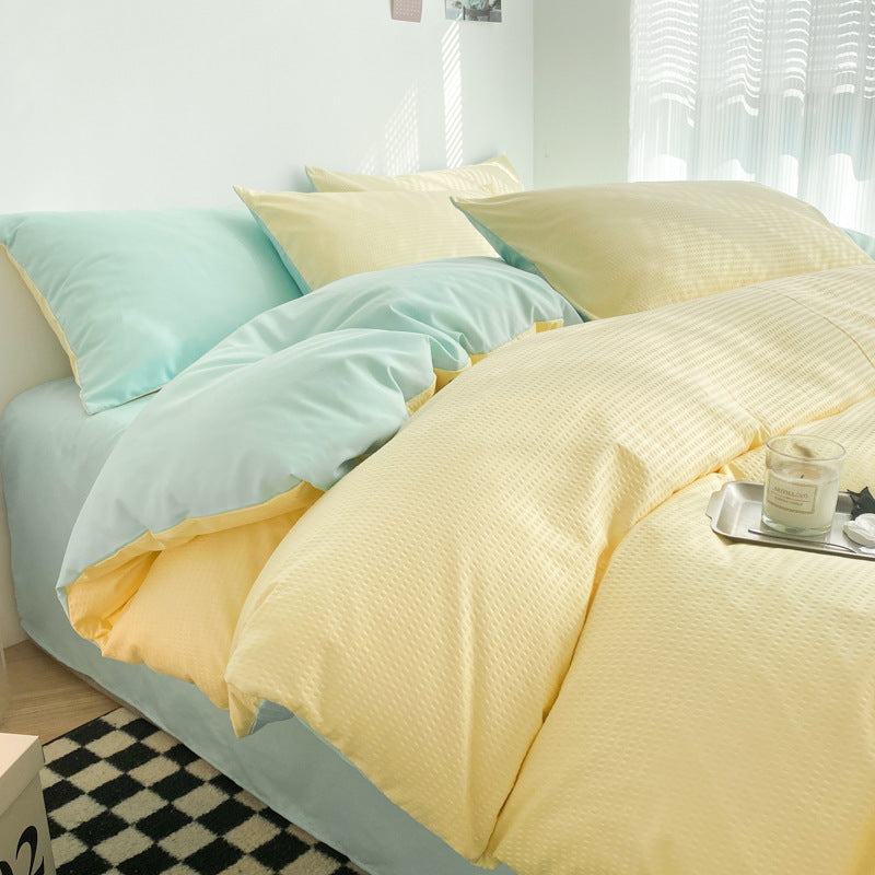 Solid color waffle four-piece wholesale ins polished bed sheet quilt cover Nantong quilt cover bed three-piece bed hat model