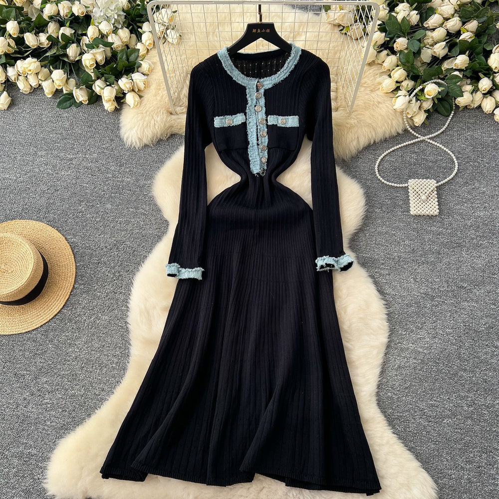cross-border fashionfall and winternew arrivalfashion round neck denim patchworkknittinglong sleevesdress a-line skirt for women