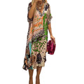 new cross-border women's summer dress: european and american casual leopard print colorful print deep v-neck dress