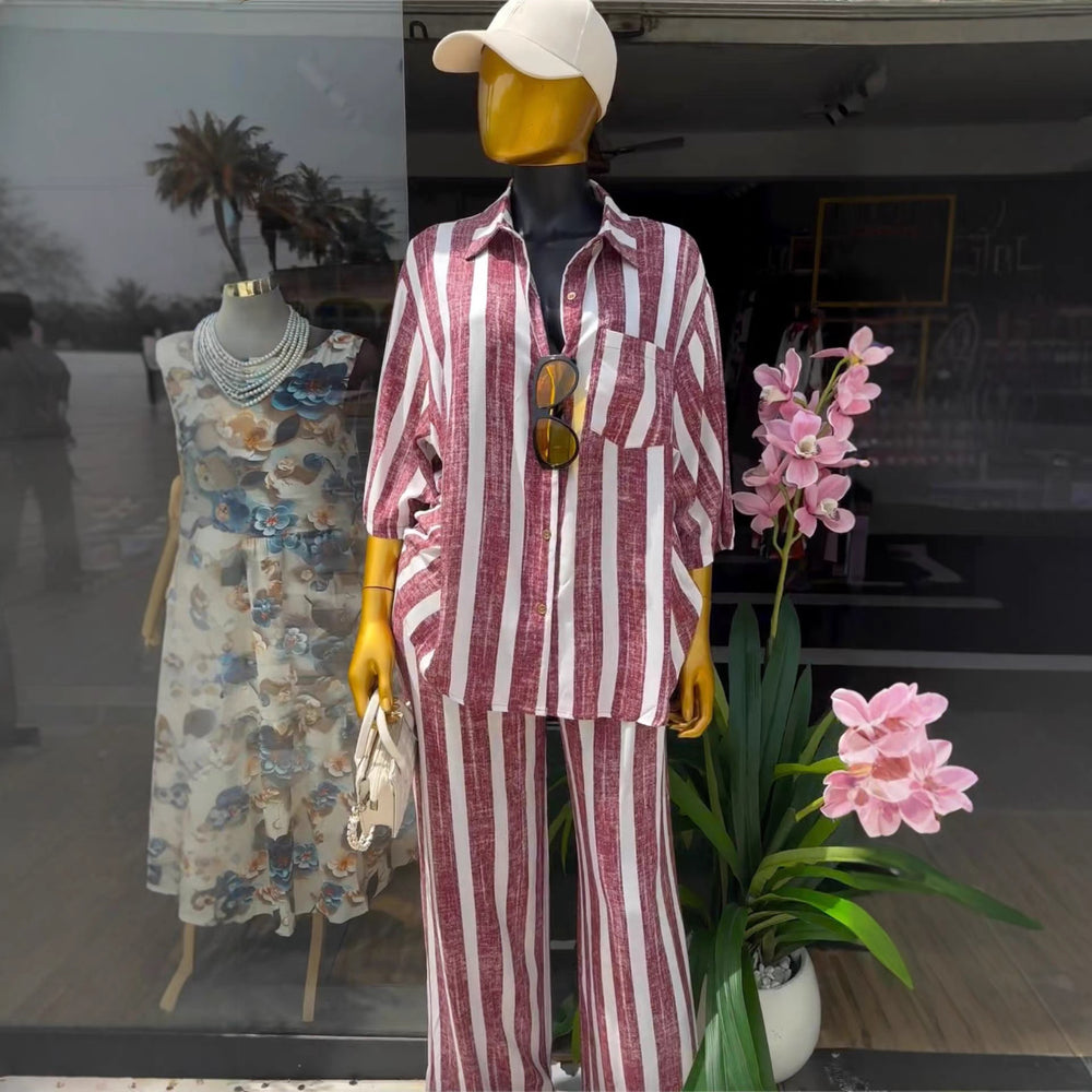 European and american cross-border women's fashion:  summer new collection - stylish turn-down collar loose striped shirt & high-waisted trousers casual set