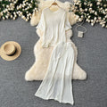 Korean style hollow-out age-defying set: women's loose-fit versatile crew neck short sleeve knit top + waist-defining bodycon fishtail midi skirt