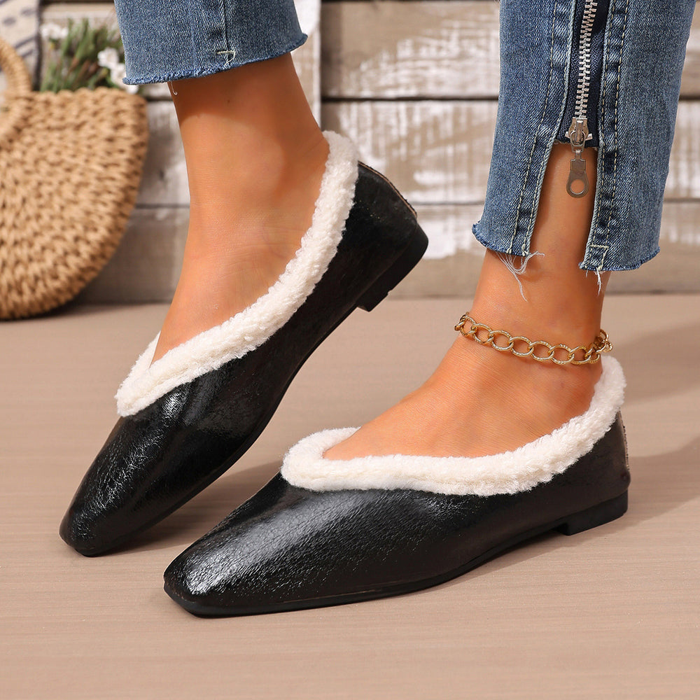 Export square toe fleece-linedthickenedheattech cotton shoes for women winternew arrivalplus size cross-border flatsflatsflats shoes