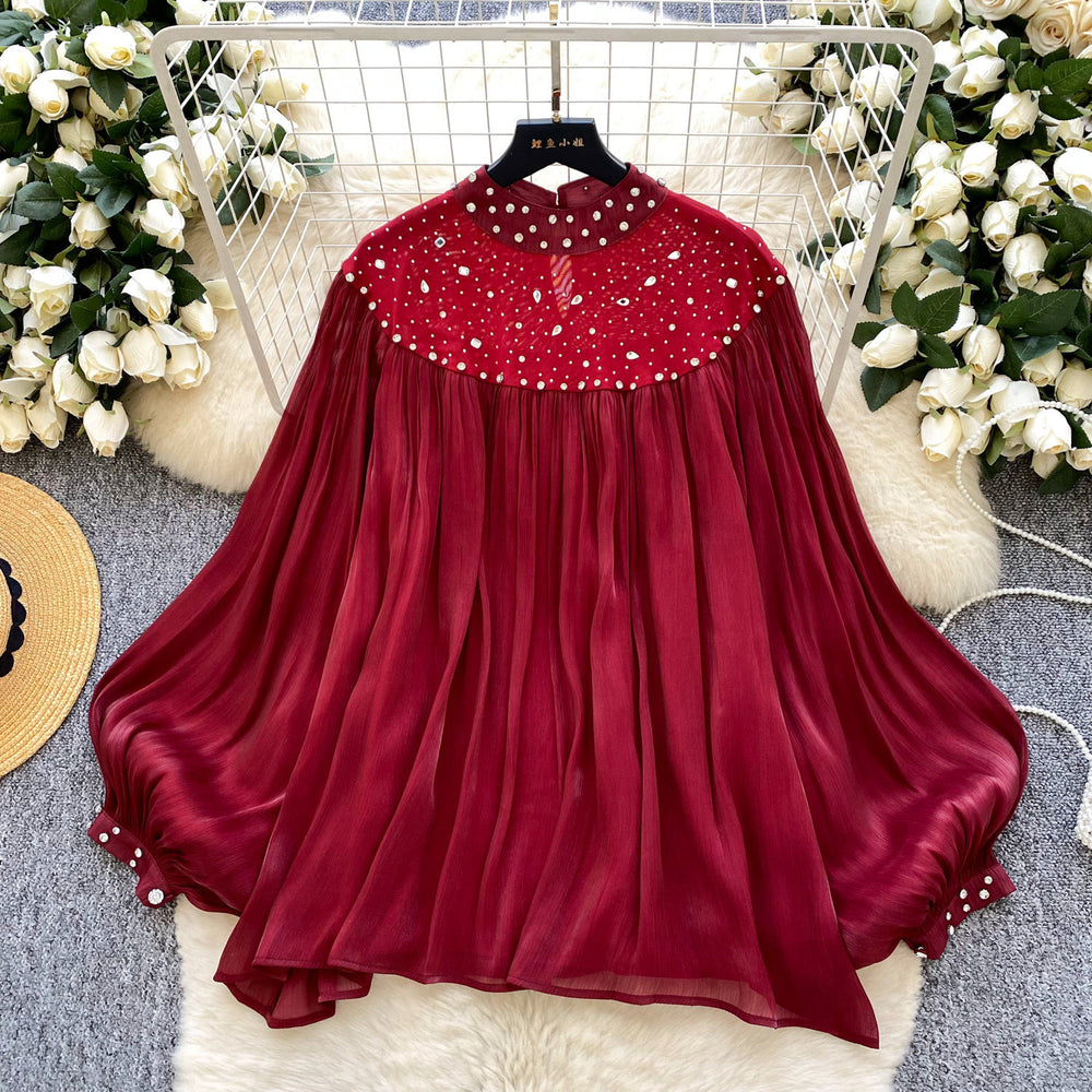 Palace style niche styleclassy heavy industry beading hot diamond lantern sleeve tassel mesh shirt women's loosecasualtops