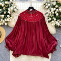 Palace style niche styleclassy heavy industry beading hot diamond lantern sleeve tassel mesh shirt women's loosecasualtops