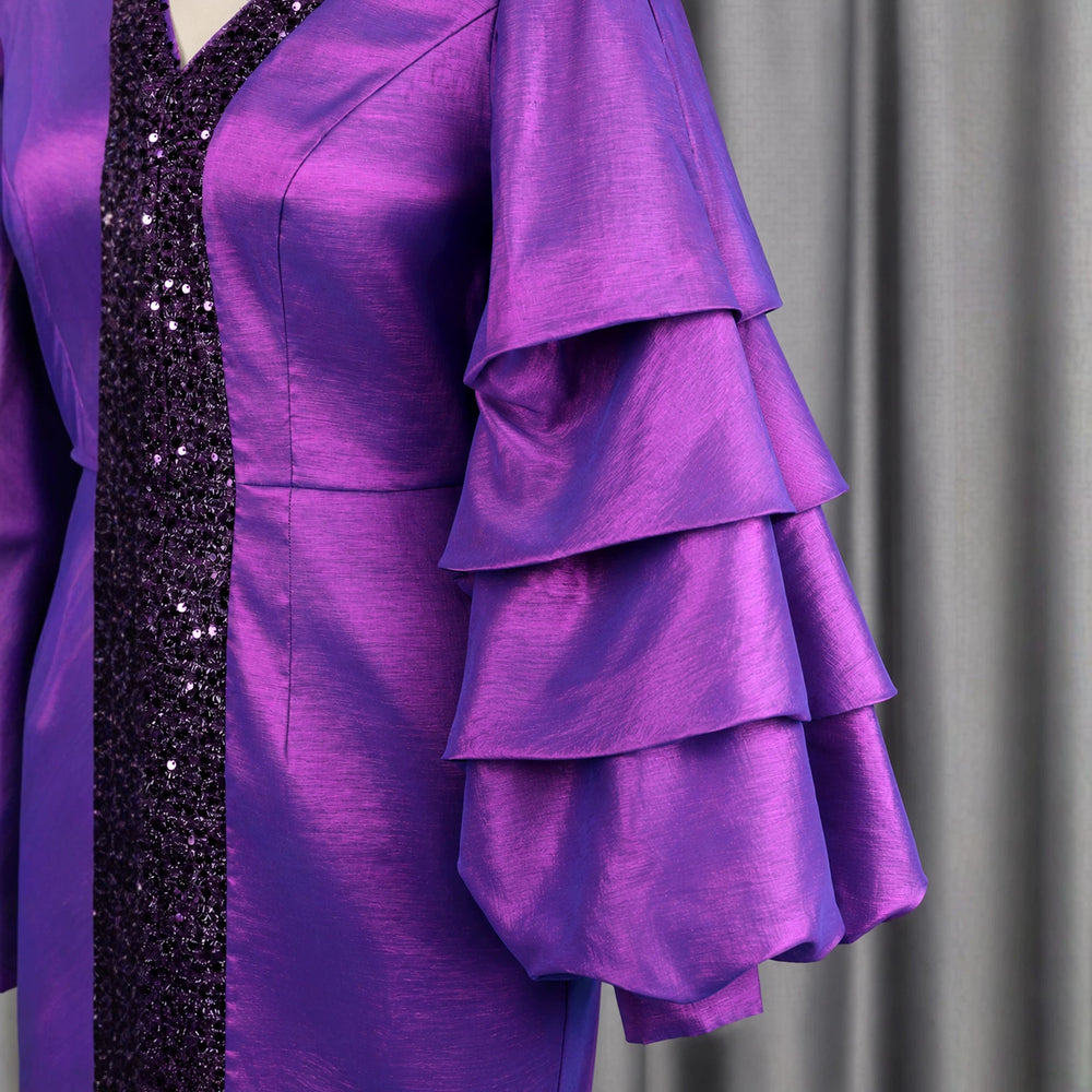 New sequin patchwork lantern sleeve dress - ruched waist, slim fit african robe, evening gown for banquets