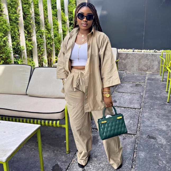 European and American fashion large-size women's clothing solid color casual suit cardigan shirt lace-up trousers African new two-piece set summer