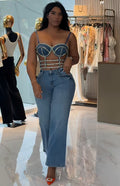 European and american style women's denim camisole -  cross-border fashion, sexy hot girl style, rhinestone embellished, adjustable top