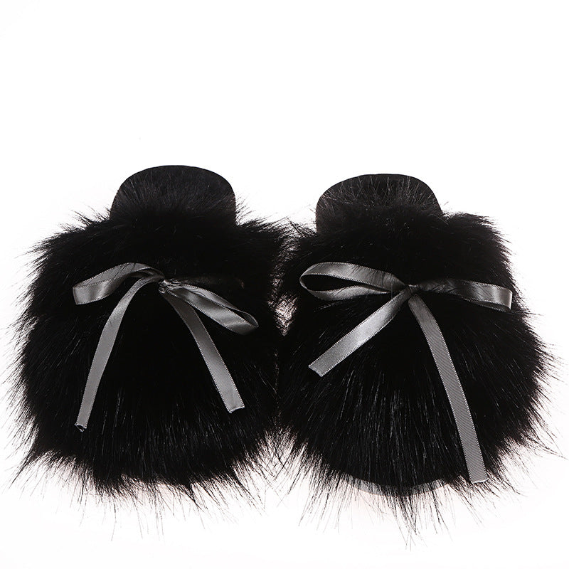 Baotou furry slippers for women outwear2024fall and winternew arrivalbows imitation fox fur fairy style flats cotton slippers