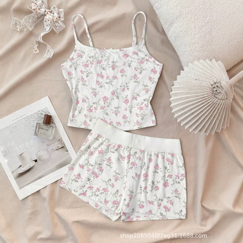 Gentle floral print cami shorts set - sweet bowknot girl's casual two-piece outfit