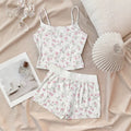 Gentle floral print cami shorts set - sweet bowknot girl's casual two-piece outfit