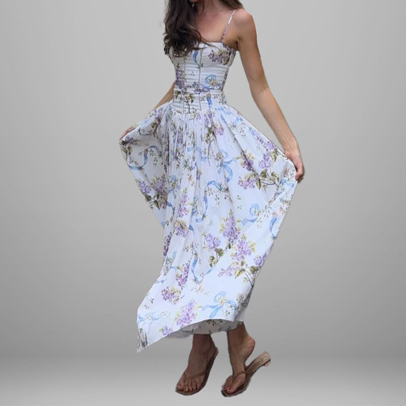 cross-border e-commerce women's fashion: european and american summer new arrivals - french style floral print square neck slip dress