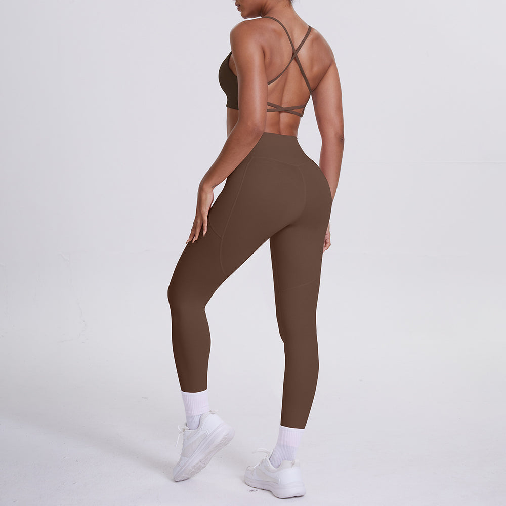 double-sided nylon beautiful back tight cross beautiful back flap pocket pants sports yoga suit running fitness two-piece set