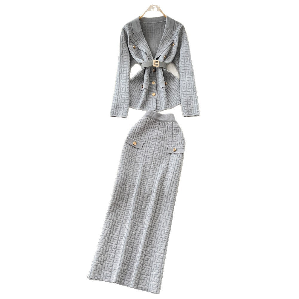 French chic high-end women's autumn set: tie-waist knit top with metal buckle & high-waisted bodycon midi skirt