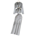 French chic high-end women's autumn set: tie-waist knit top with metal buckle & high-waisted bodycon midi skirt