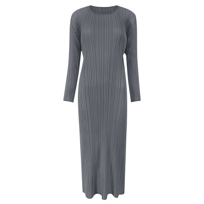 Amazon women's  european and american classic pleated long sleeve solid color midi slim fit slit dress