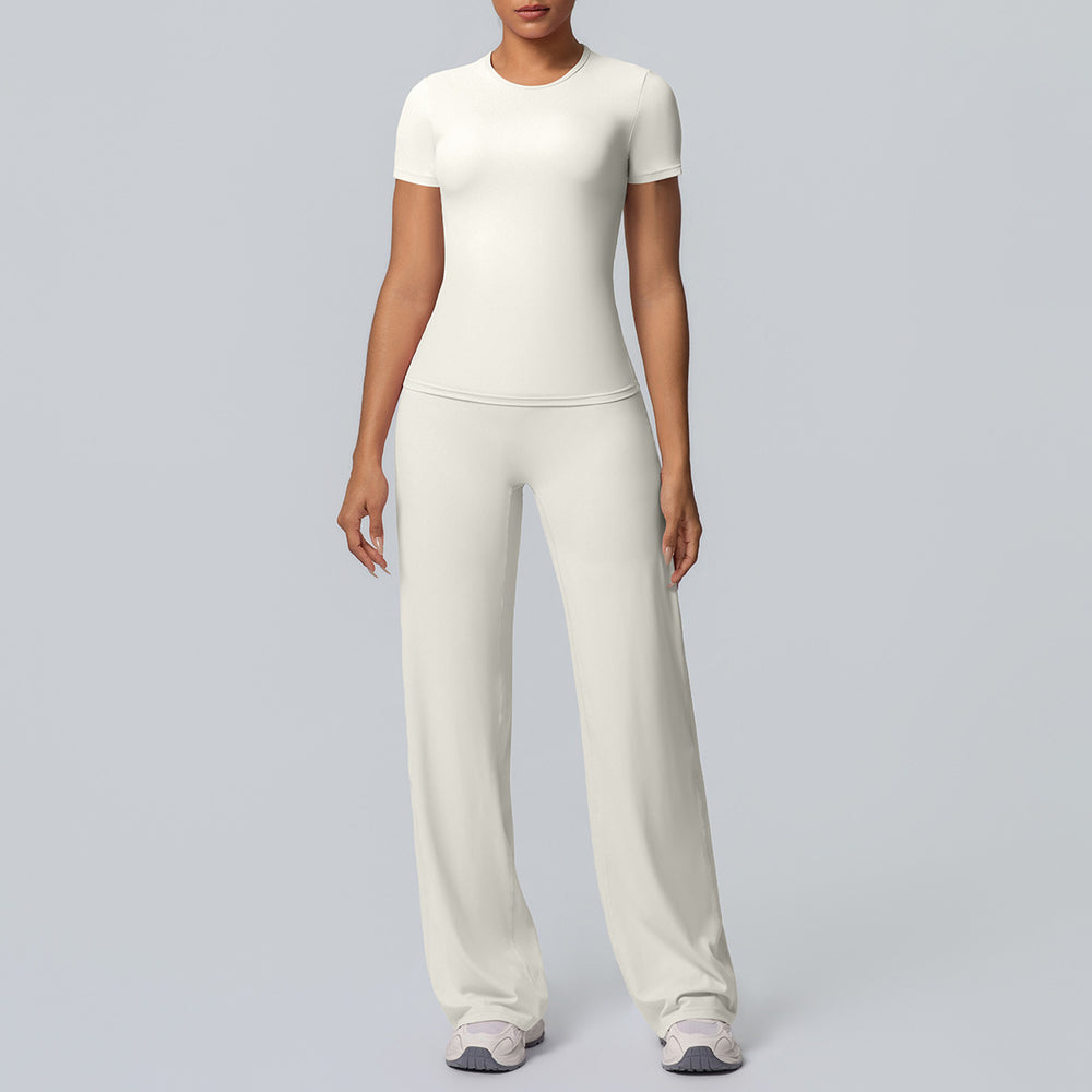 double-sided brushed pure color tight training long sleeves wide-leg yoga suit sports running fitness two-piece set