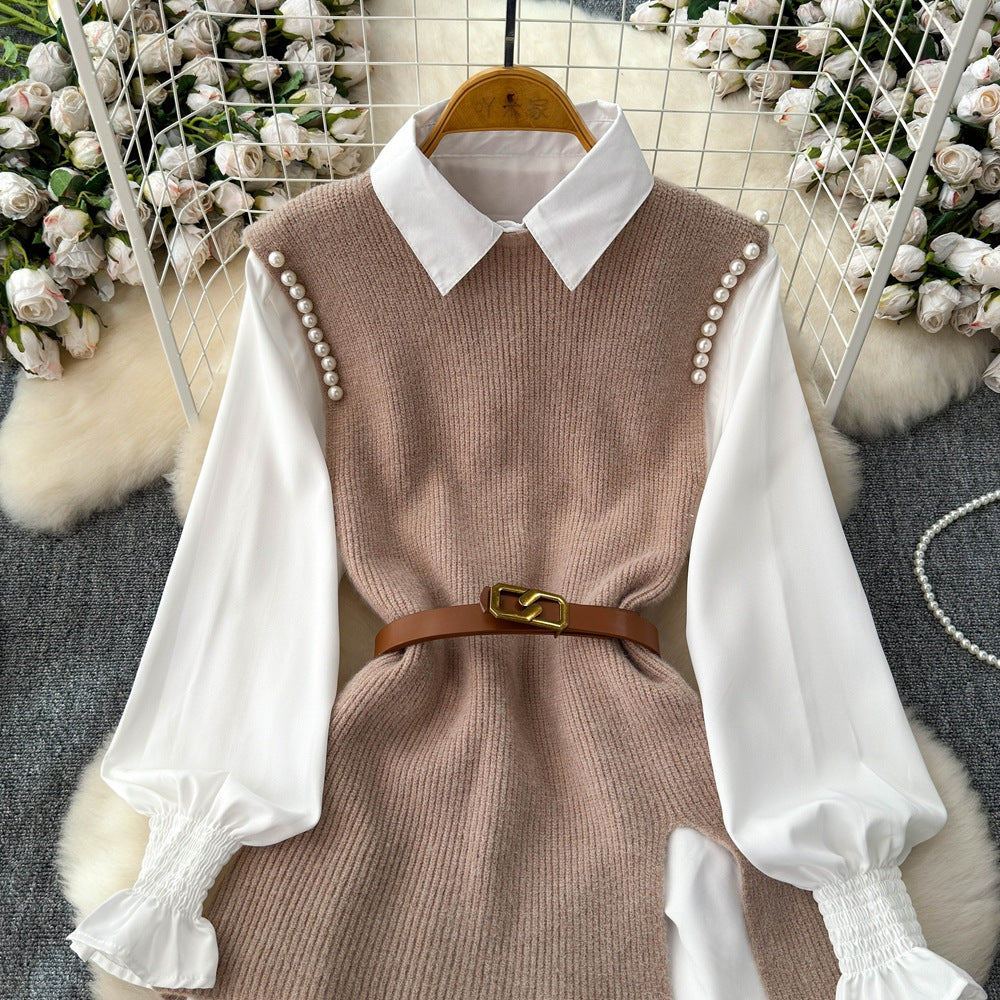 Autum shirt shirt plus knittingvesttwo-piece set female classy sense tweed style foreign style age reduction petitessuit
