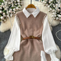 Autum shirt shirt plus knittingvesttwo-piece set female classy sense tweed style foreign style age reduction petitessuit