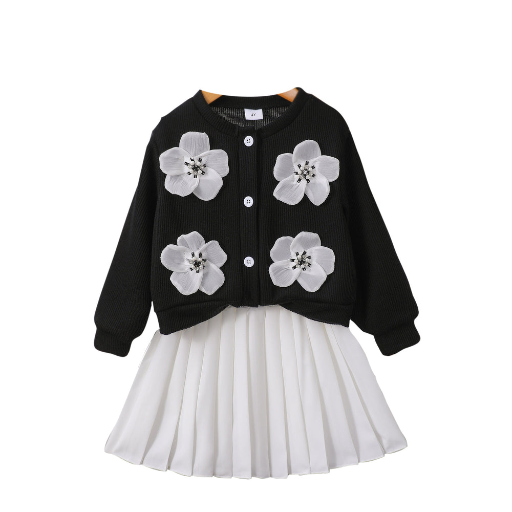 Girls' two-piece set: 3d floral long-sleeve cardigan + skirt outfit