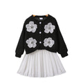 Girls' two-piece set: 3d floral long-sleeve cardigan + skirt outfit