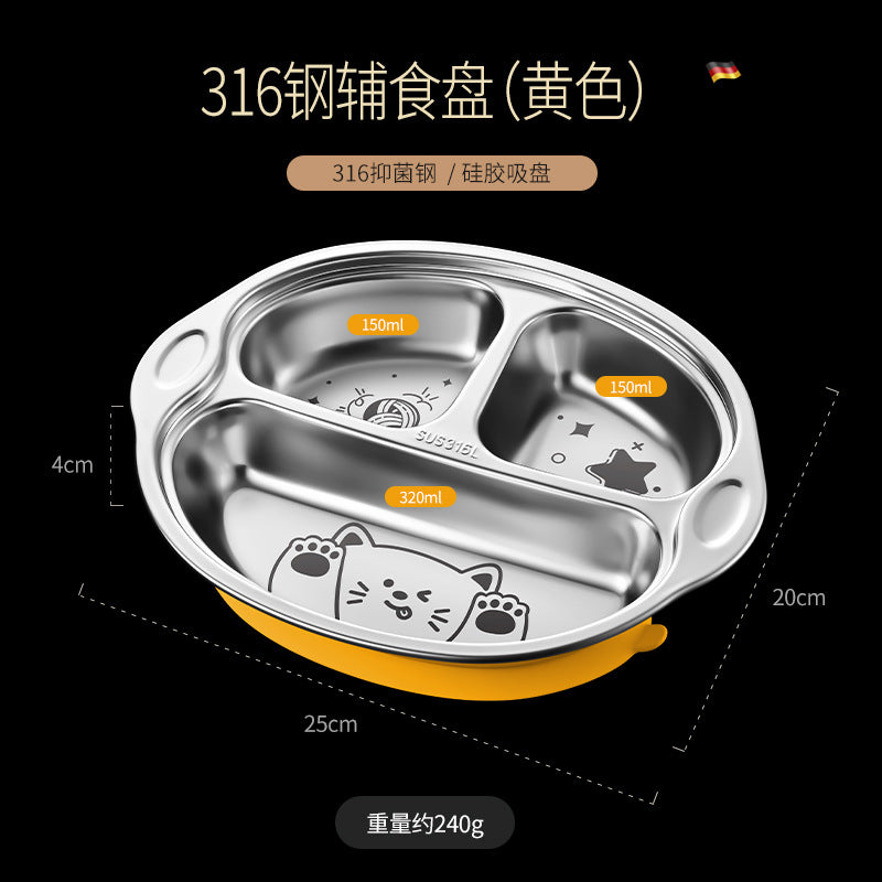 316L stainless steel children's grid dinner plate with non-slip silicone suction cup children's cute baby eating tableware lunch box