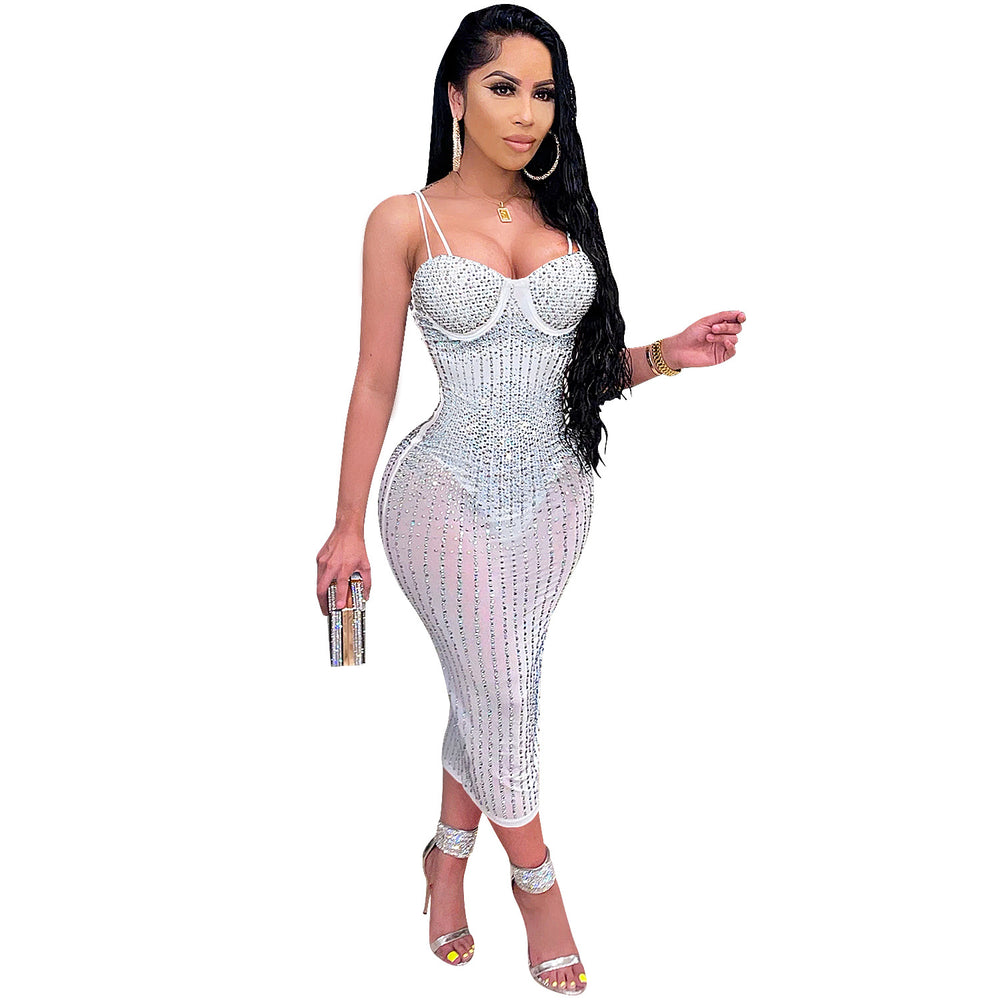 X3805 cross-border new arrival: european and american fashion women's party nightclub mesh see-through rhinestone embellished strappy dress