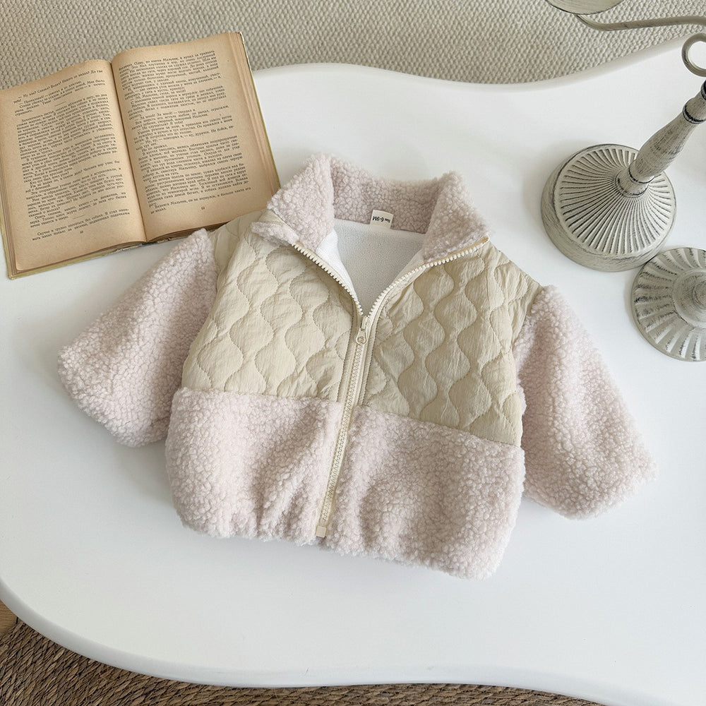 fall/winter new collection: kids' lambswool patchwork padded jacket - thickened warm outerwear for boys and girls, korean style stand collar with zipper closure