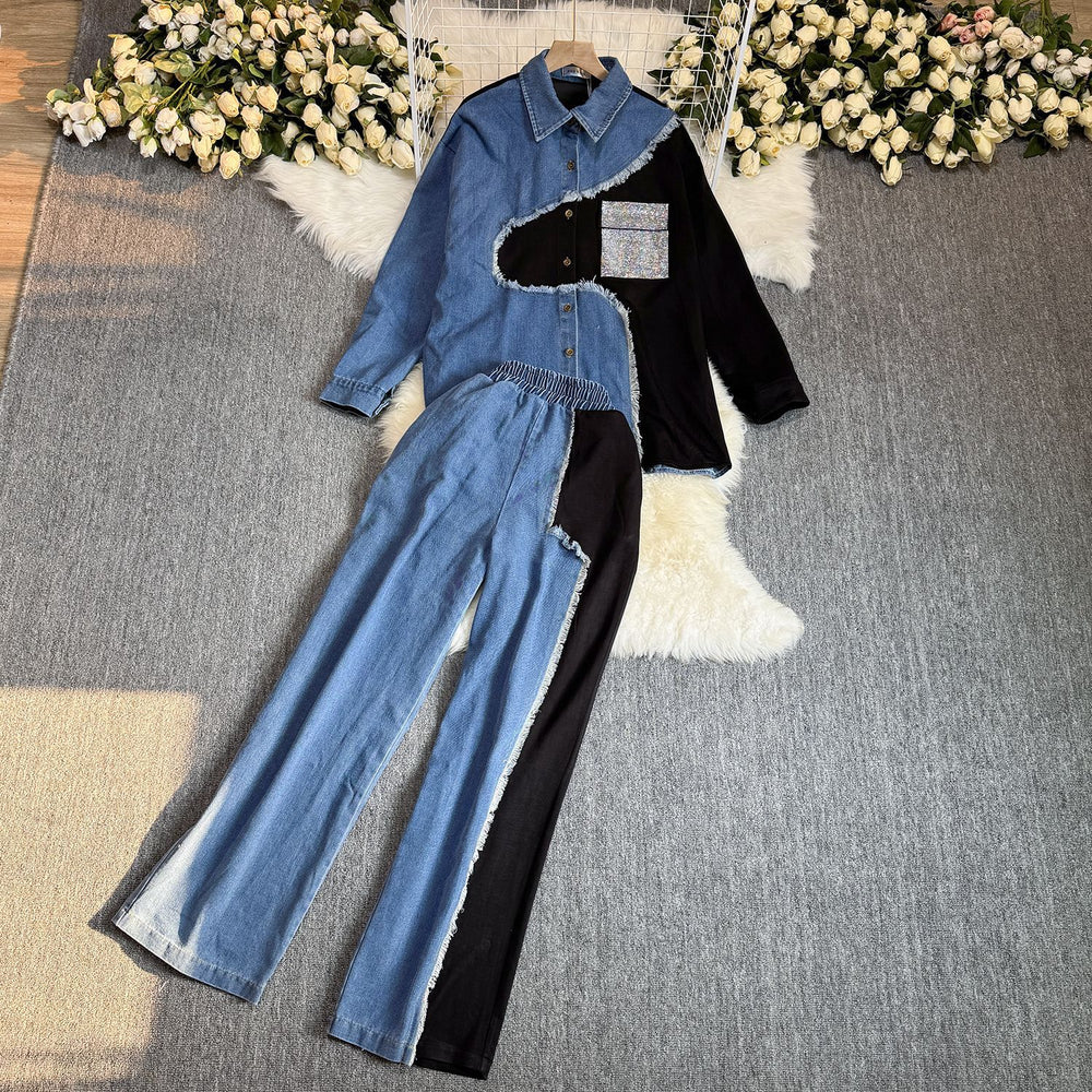 Hong kong style retrocasualsuit women's k-stylecontrast colorpatchwork denim shirt + high waistlooseloose pantstwo-piece set