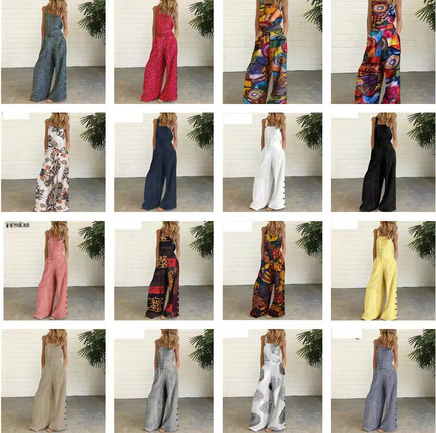Independent station fashion  new  four-color polka dot wide-leg pants pants digital printing backless jumpsuit