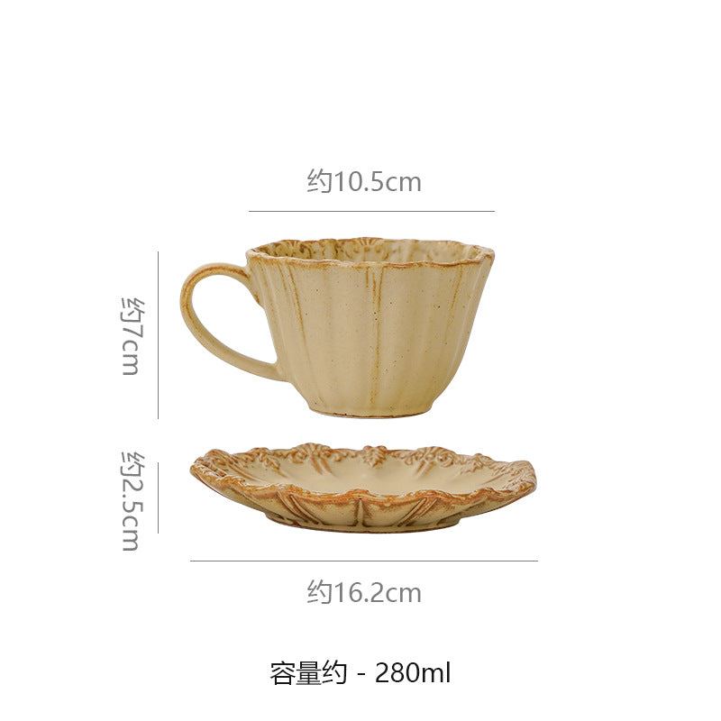 Vintage gilt ceramic embossed cup and saucer set - unique, high-style milk, coffee, afternoon tea, and water cups