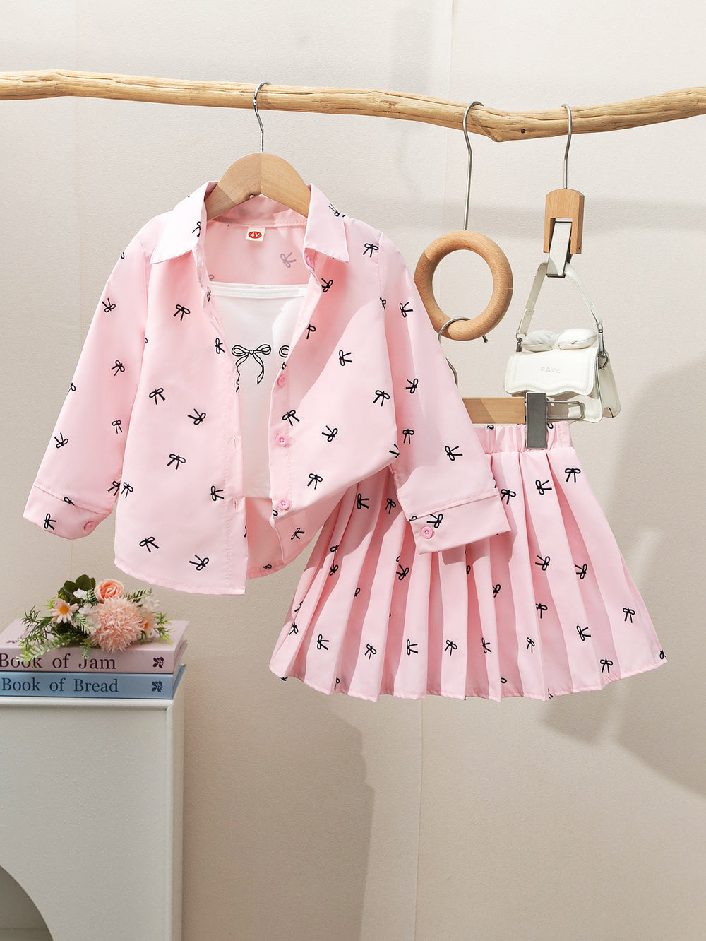 Girls' fashion bow-tie print outfit set - 3-piece cami top + collared blouse & skirt set
