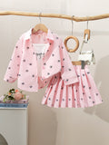 Girls' fashion bow-tie print outfit set - 3-piece cami top + collared blouse & skirt set