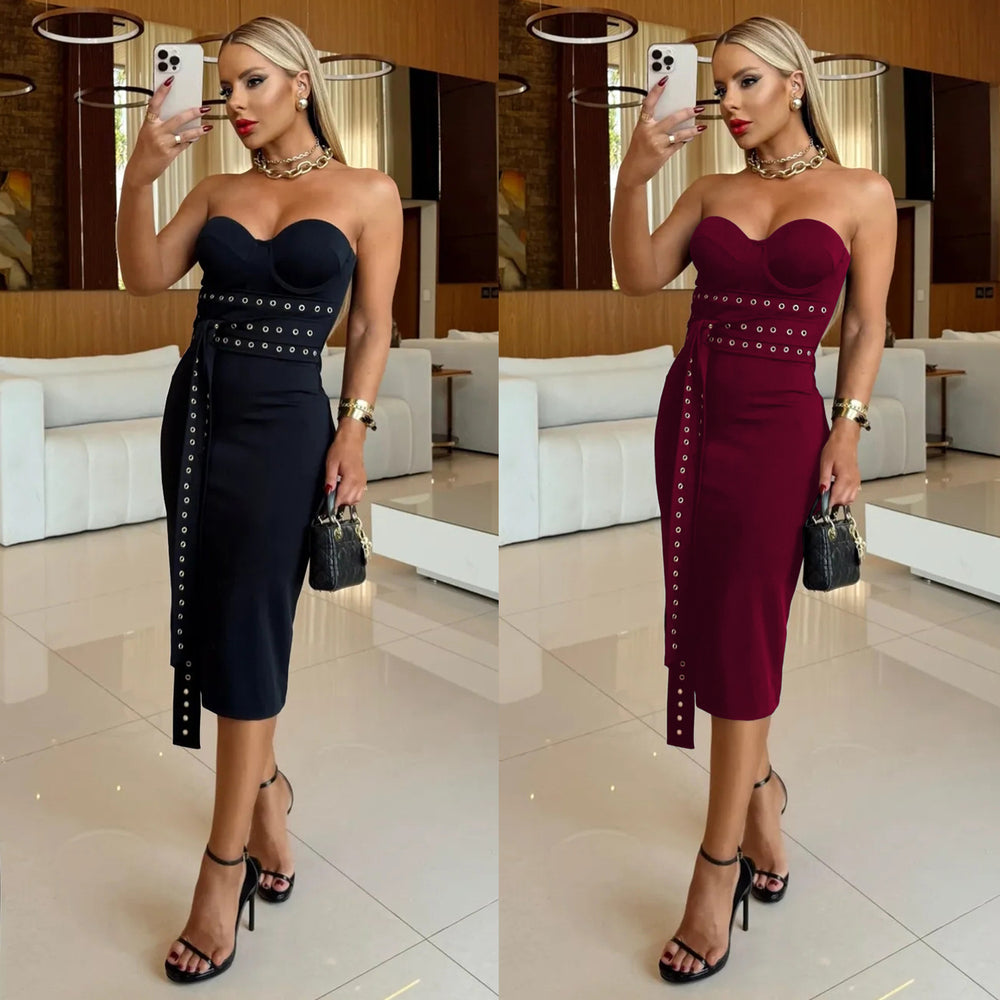 C7517 cross-border   fashion women's sexy bandeau strapless bodycon dress with eyelet detail