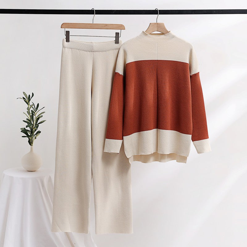 K-stylelong sleevesfashionsuit women's loose stand collar stripesknitting shirttopstwo-piece sethigh waiststraight-legloose pants