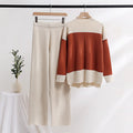 K-stylelong sleevesfashionsuit women's loose stand collar stripesknitting shirttopstwo-piece sethigh waiststraight-legloose pants