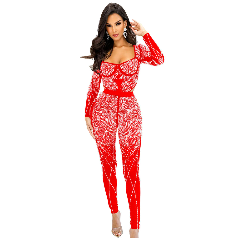 C6389 cross-border   fashion women's solid color mesh rhinestone long sleeve pants jumpsuit