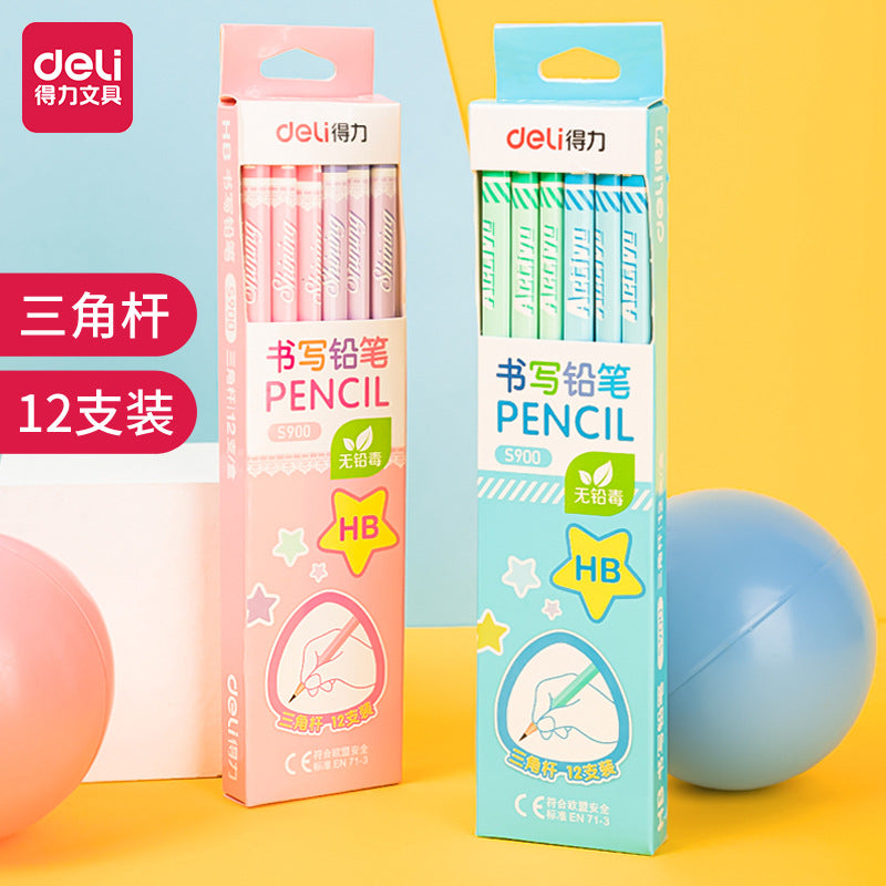 Deli S900 triangle pencil HB paper box is easy to use, corrective grip pencil, student wooden writing pencil