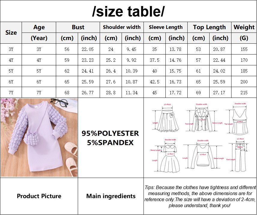 Popular autumn long-sleeve ribbed knit bubble sleeve dress with bag for toddlers and young children - cross-border exclusive