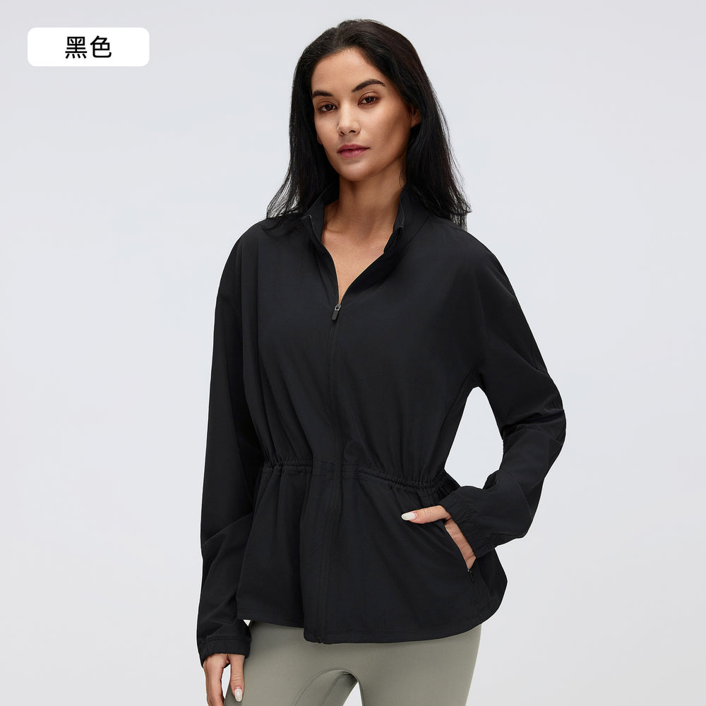 New drawstring waist stand collar jacket top - casual, loose fit, versatile yoga & fitness activewear outerwear d26007