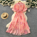 Palace style classy heavy industry embroider puff sleeve dress female summerfrench strap waist single breasted long skirt