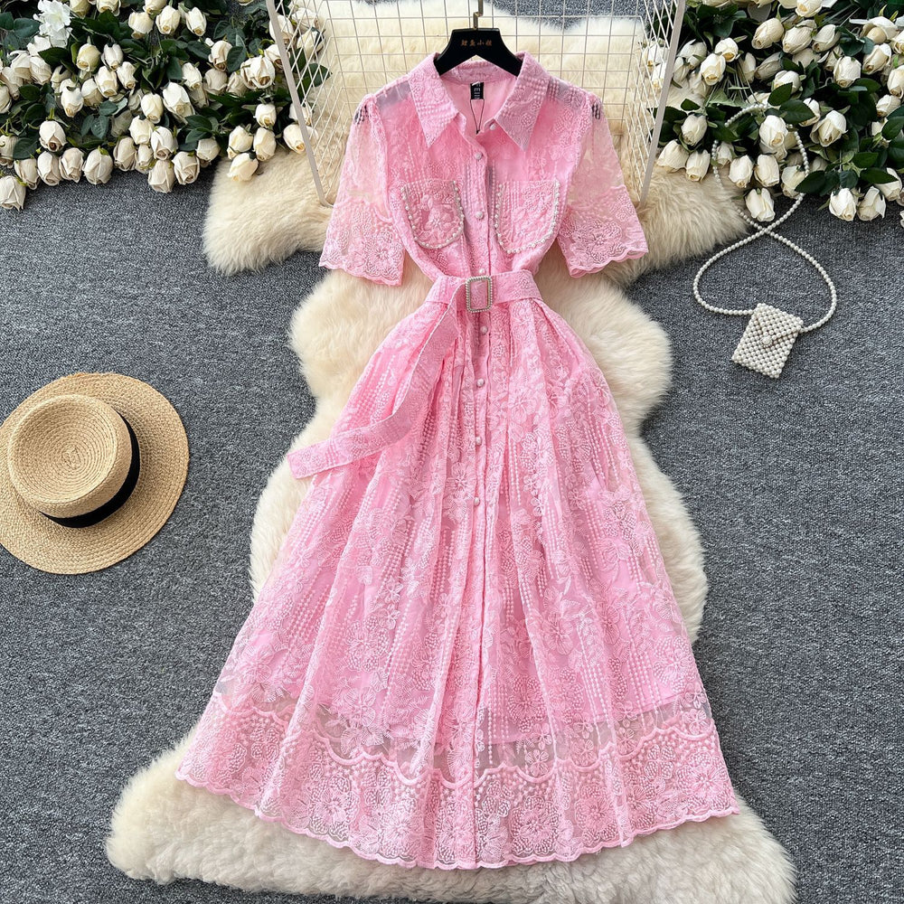 French chic socialite beaded pocket short sleeve dress - women's cinched waist elegant crochet embroidery mesh maxi dress