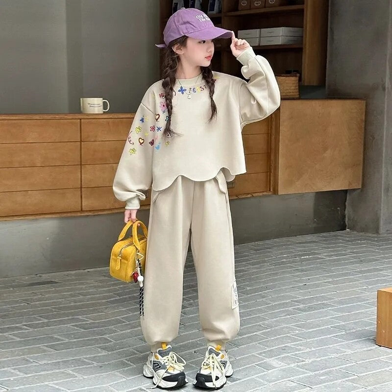 Girls' spring/autumn outfit set : korean style, new arrival, stylish cartoon hoodie and casual two-piece set for girls (mid-to-large size)