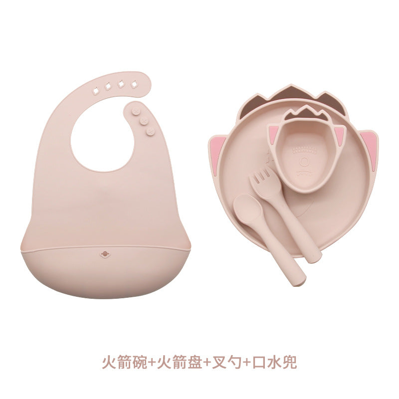 Customized silicone plate set, anti-drop baby bowl saliva pocket, multi-color cute style children's tableware set