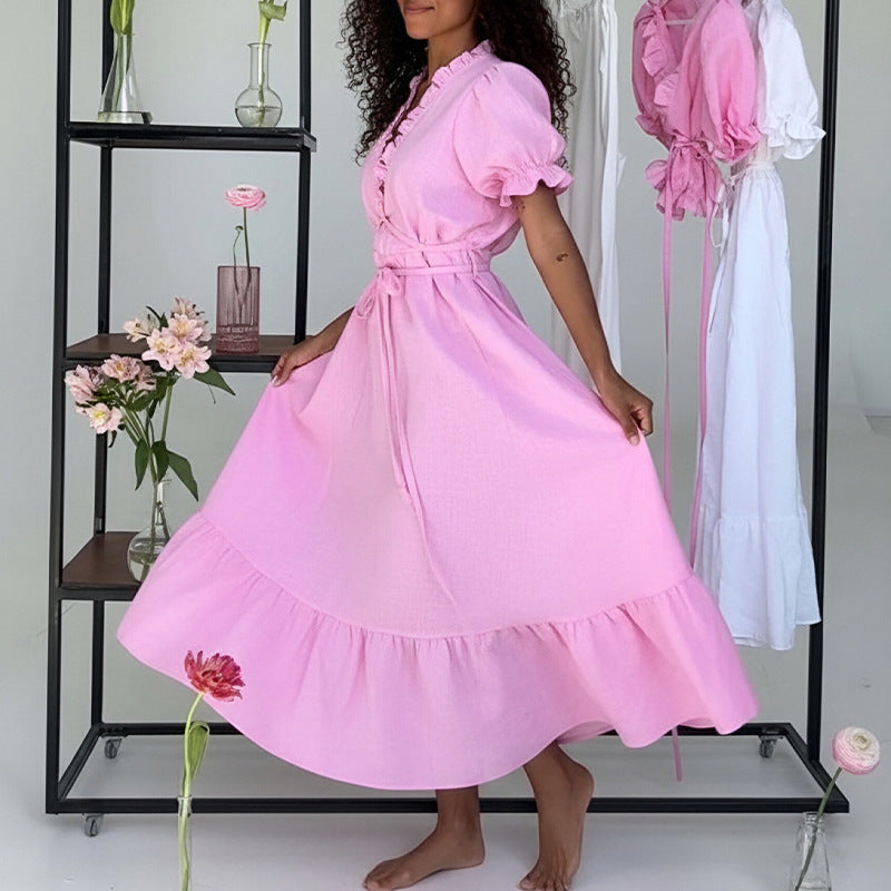 european and american export women's clothing: new summer dresses - french chic solid color tie-waist bubble sleeve maxi dress